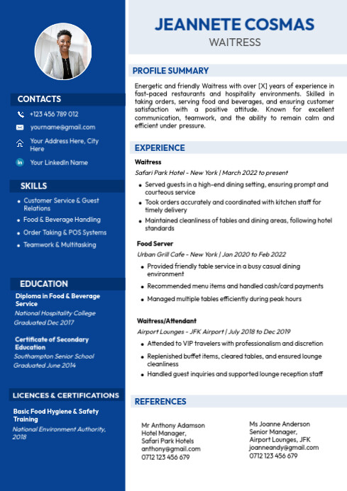 A4 1 page Waitress Resume template