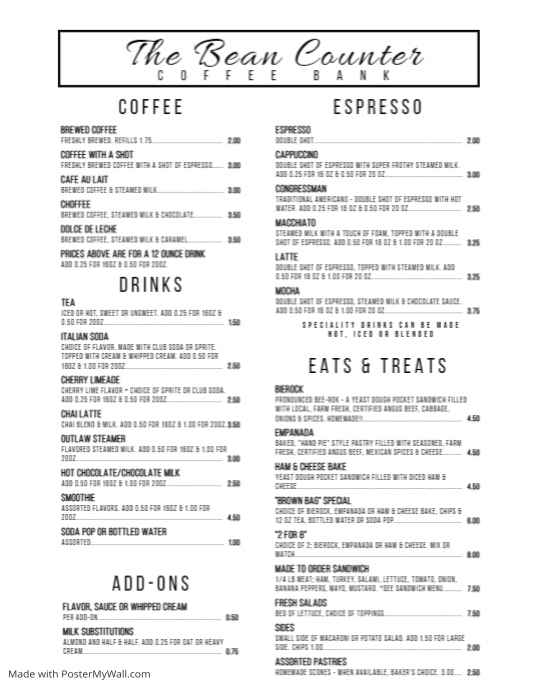 Bean Counter Menu 2023 PosterMyWall