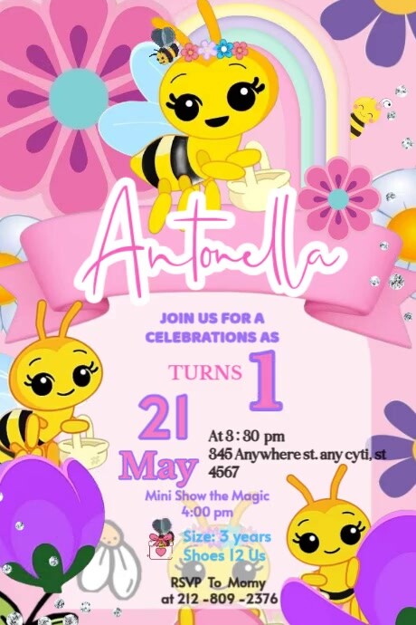 Abejita chiquita invitation | bee invitation happy Brithday party temple Gril kids celebration Plakkaat template