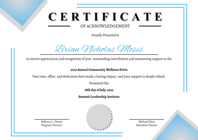 Acknowledgement Certificate Template A4