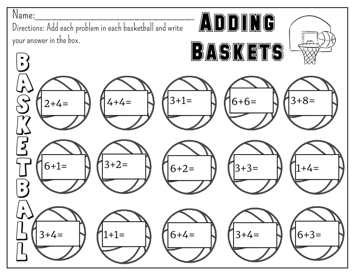Adding Baskets Basketball Math Worksheet Template | PosterMyWall