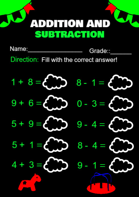 Addition & subtraction activity worksheets for homework design template A4