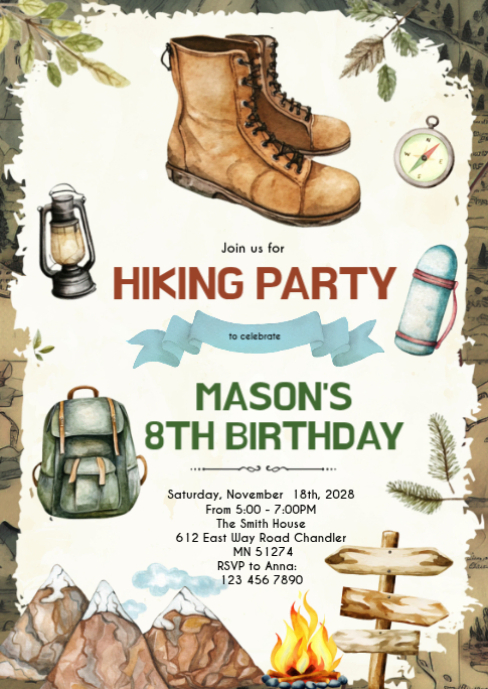 Hiking Event Invitation Example Adventure hiking camping party Invitation Template | PosterMyWall