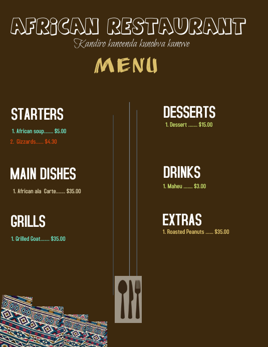 African Pattern Menu African restaurant menu Template | PosterMyWall