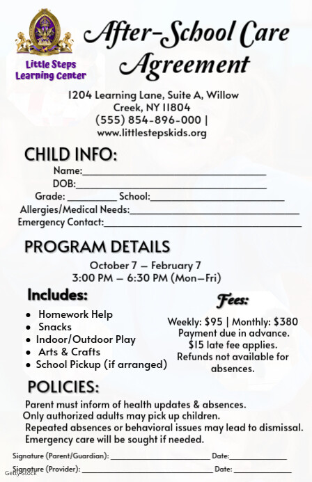 AFTER SCHOOL CARE Agreement Tabloid template