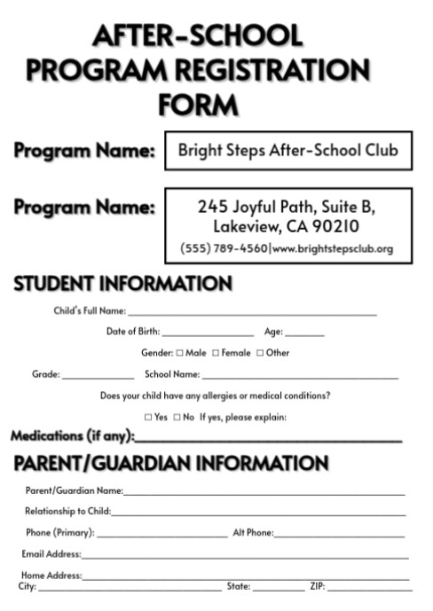 After-School Program Registration Form Template | PosterMyWall