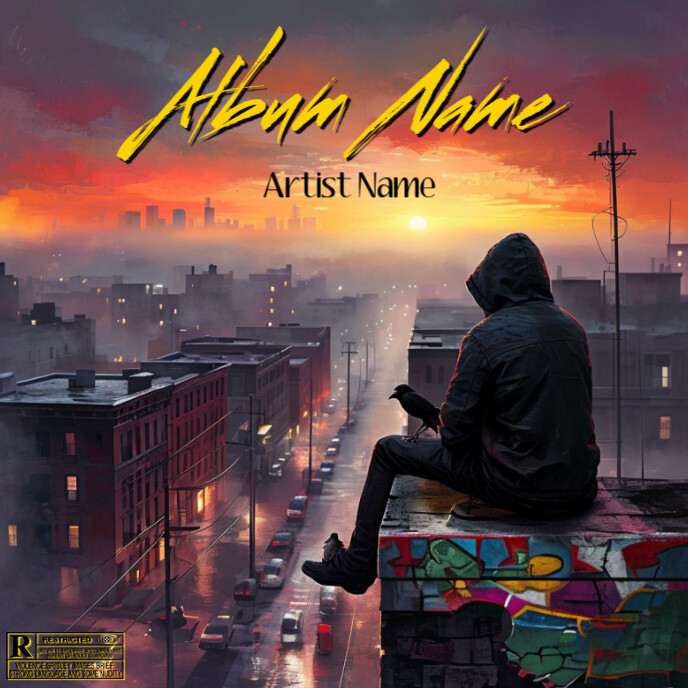 Album Cover Contemplative Figure on Rooftop Overlooking Vibrant City Skyline template