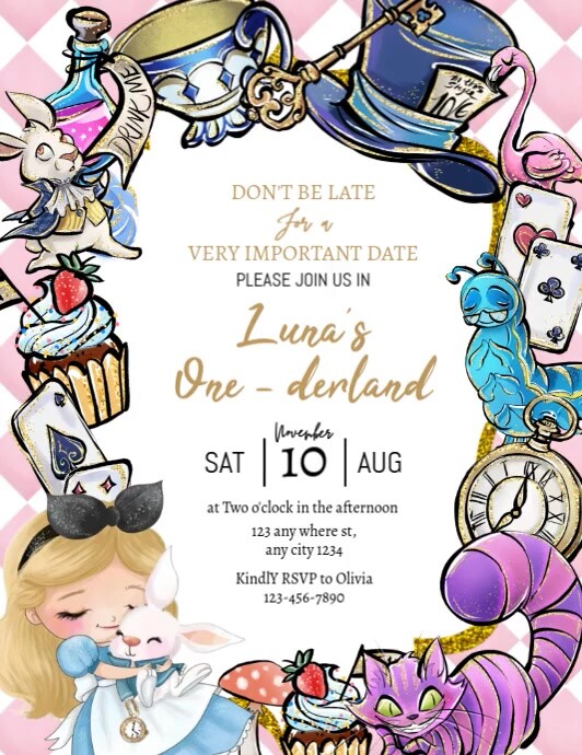 Alice in wonderland Birthday Invitation Templ Folheto (US Letter) template