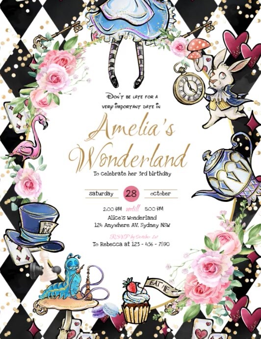 Alice in wonderland Birthday invitation templ Folheto (US Letter) template