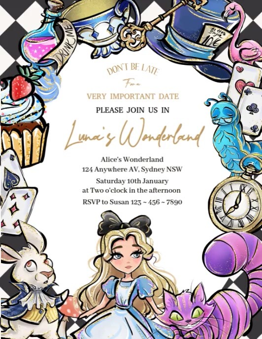 Alice in wonderland inspired Digital Birthday Folheto (US Letter) template