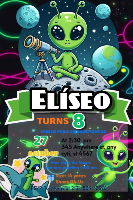 Alien Birthday Invitation, Ufo Spaceship Party Template, Out Of This World, Outer Space Galaxy Invit Poster