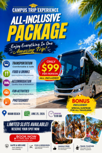 All Inclusive Campus Trip Flyer | Student Travel Package Poster | Beach Vacation Tour Promo Templat Affiche template