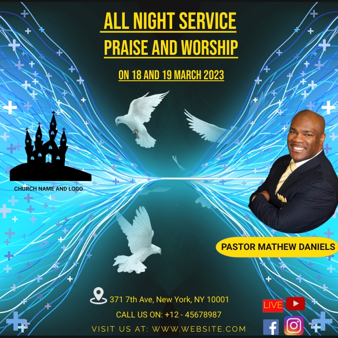 ALL NIGHT PRAYER, CHURCH, SERVICE, PRAISE Instagram Post template