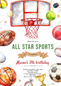 All Star Sports Birthday Invitation A6 template