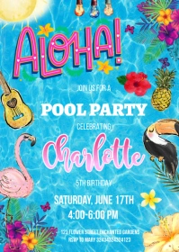 Aloha pool party invitation A6 template
