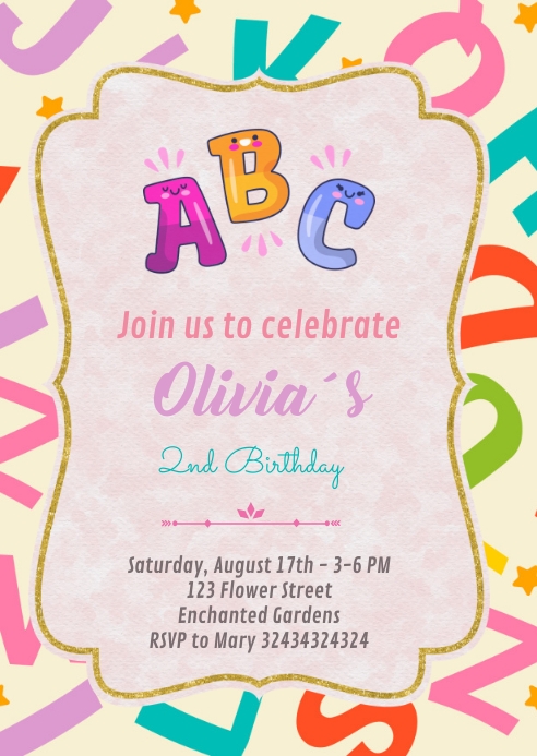 Alphabet girl birthday invitation, Abc invite A6 template