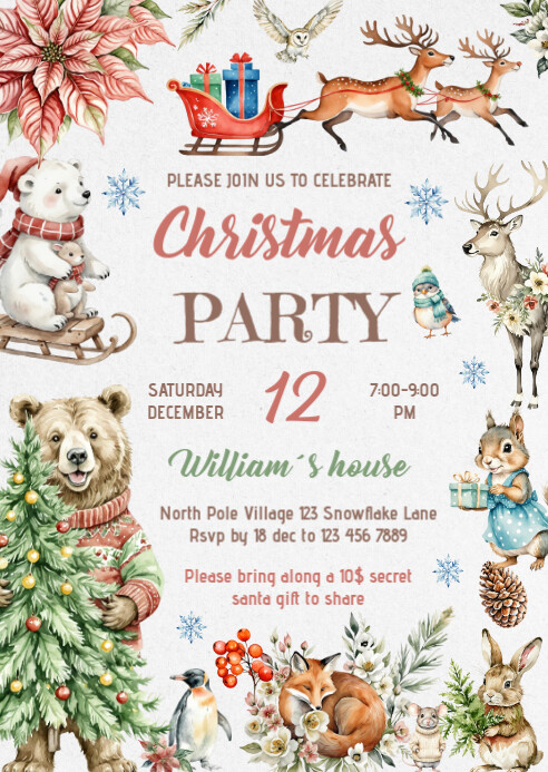 animals Christmas Party invitation template A6