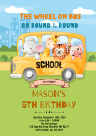 Animals Wheels on the Bus Birthday Invitation A6 template