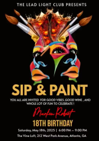 Animated Black Illustrative Sip and Paint Birthday Invitation A6 Video template