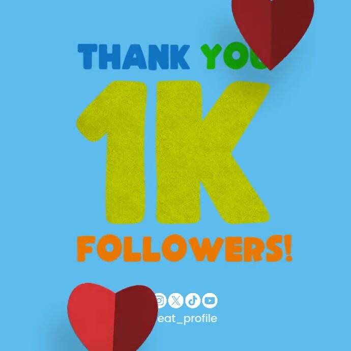 Animated Thank You 1K Followers Social Media Post with Flying Hearts ...