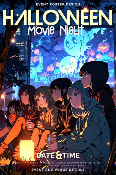 Anime Halloween Movie Night Poster Template with Urban Spooky Charm Plakkaat