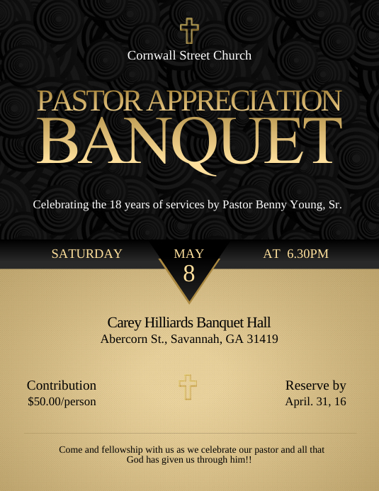 Black and Gold Pastor Appreciation Banquet Invitation Flyer Template