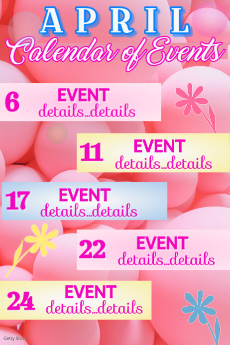 April Calendar of Events Плакат template