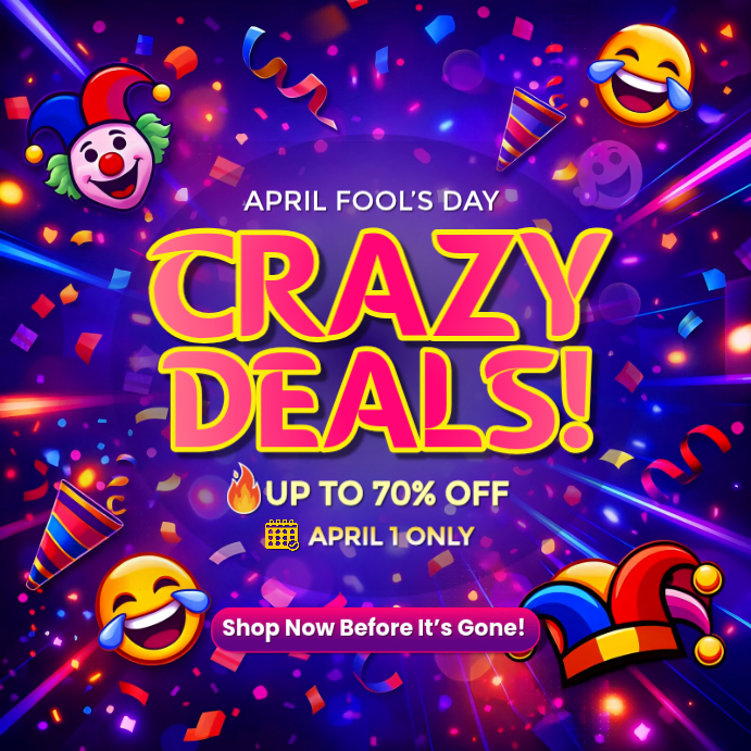 April Fools Day Sale Flyer | Crazy Deals Neon Promo Template | Funny ...