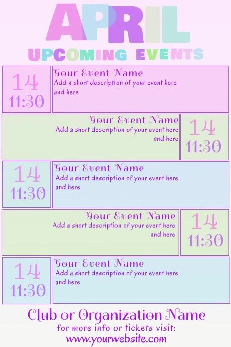 April Upcoming Events Calendar by Paula Template | PosterMyWall