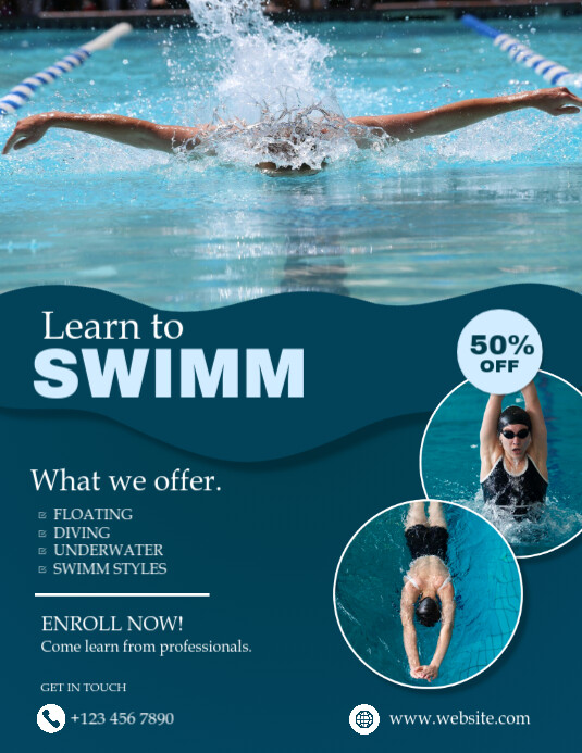 Aqua-Blue Professional Swimming Lessons Flyer (us Letter) template