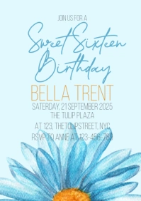 Aqua Floral Blue Flower Girl Birthday Invitation A5 template