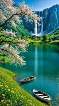 Aqua Floral Mountain And Waterfall  Digital Display (9:16) template