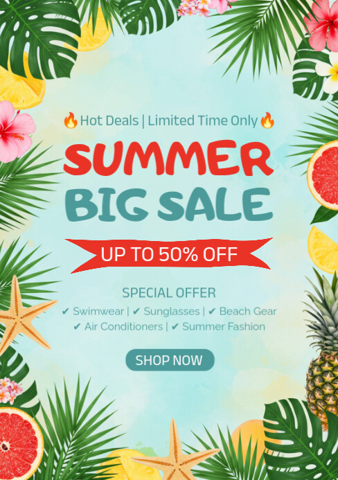 Aqua Floral Summer Sale A5 template