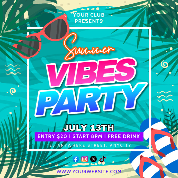 Aqua Floral Summer Vibes Party Pos Instagram template