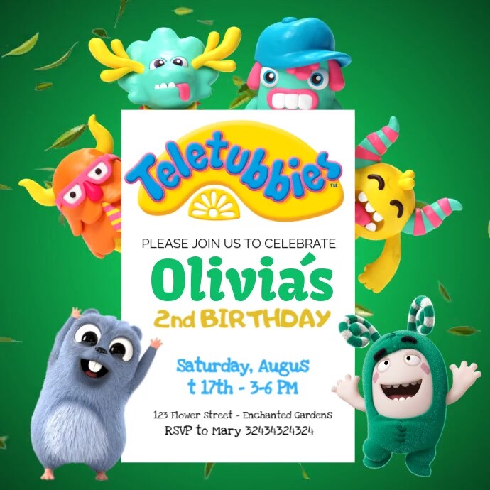 Aqua Futuristic Teletubbies Birthday Invitation Instagram Post template