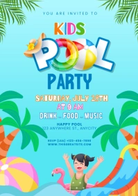 Aqua Illustrative Kids Pool Party Invitation A4 template