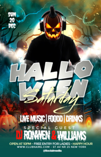 Aqua Illustrative Spooky Halloween Party Flyer Template Half Page Wide