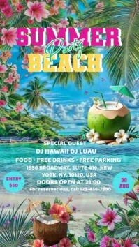 Aqua Illustrative Summer Beach Party  Digital Display (9:16) template