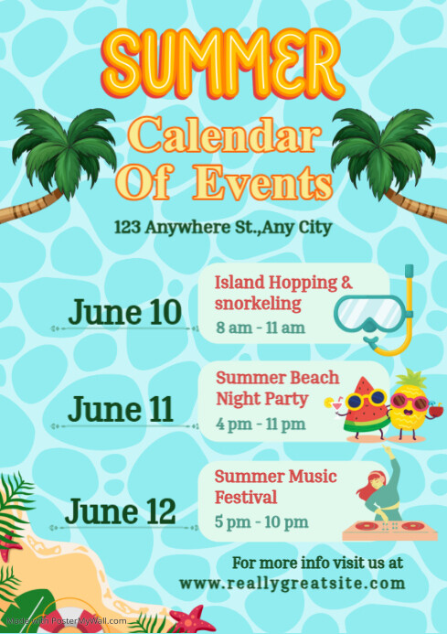 Event Engaging Calendar Aqua Illustrative Summer Calendar Of Events A4 Template | PosterMyWall