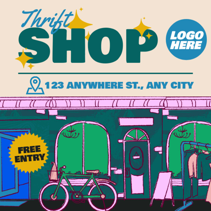 Aqua Illustrative Thrift Shop Sotre Instagram Post Template | PosterMyWall
