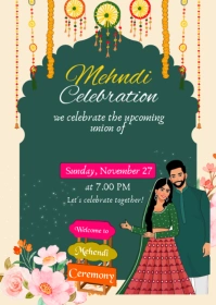 Aqua Ilustratif Mehndi Invitation A6 template