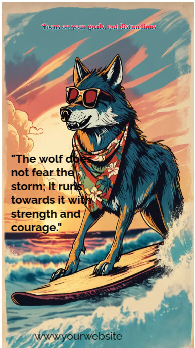 Aqua Joyful A Wolf Surfing On A Beach In Hawaii, At Sunset. The Wolf Is Happy And Relaxed, It Has A Facebook Story template