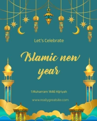 Aqua Joyful Blue And Gold Illustrative Islamic New Year Instagram Post Instagram Portrait template