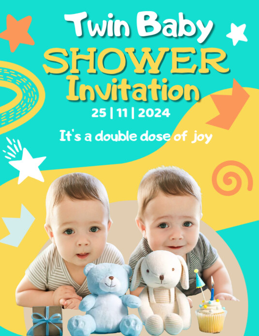 Aqua Joyful Twin Baby Shower Invitation Flyer (us Letter) 传单(美国信函) template