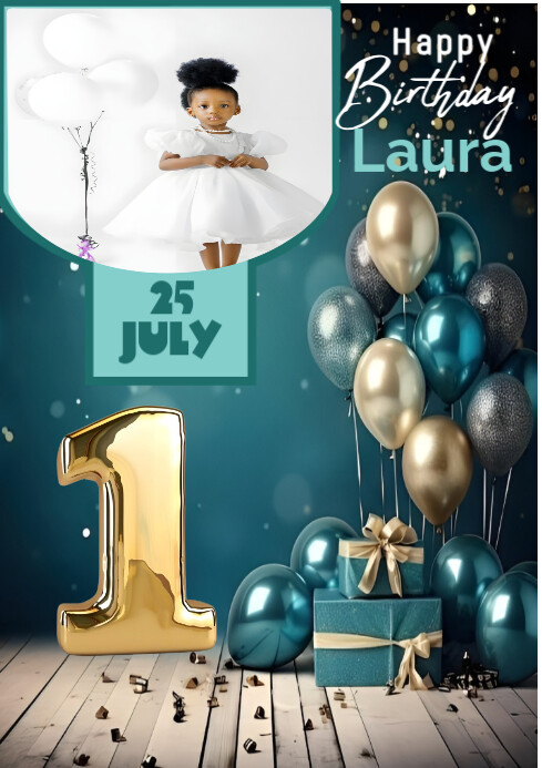 Aqua Maximalist One Year Birthday Celebration  A4 template