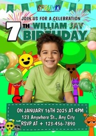 Aqua Maximalist Sprunki Birthday Invitation A4 template