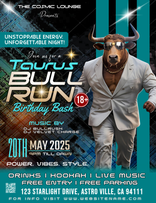 Aqua Maximalist Taurus Bull Run Birthday Party Flyer (us Letter) template