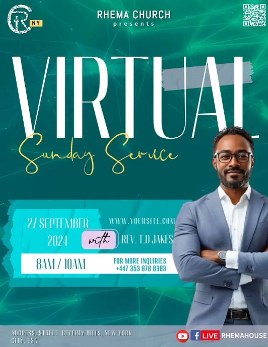 Aqua Modern & Minimal Virtual Sunday Service Flyer (US Letter) template