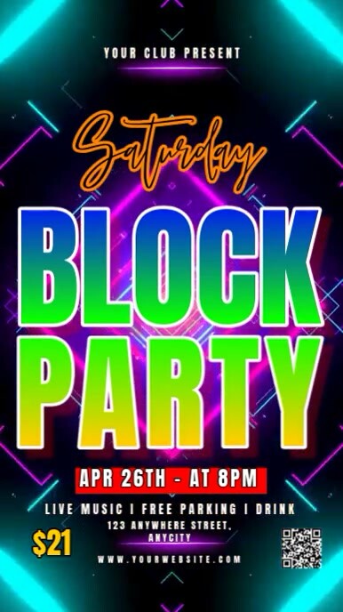 Aqua Neon Saturday Block Party Reel Instagram template