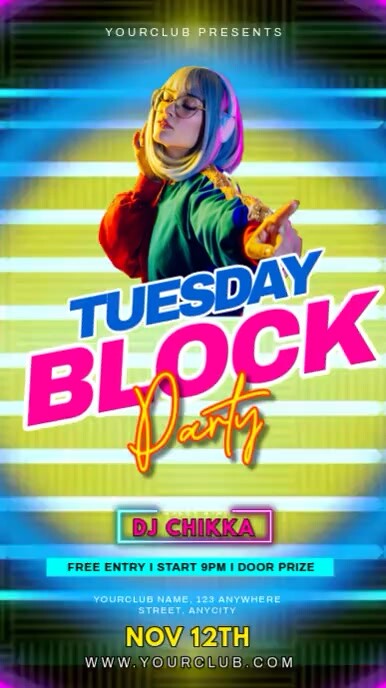 Plantilla de Aqua Neon Tuesday Block Party Reel Instagram | PosterMyWall